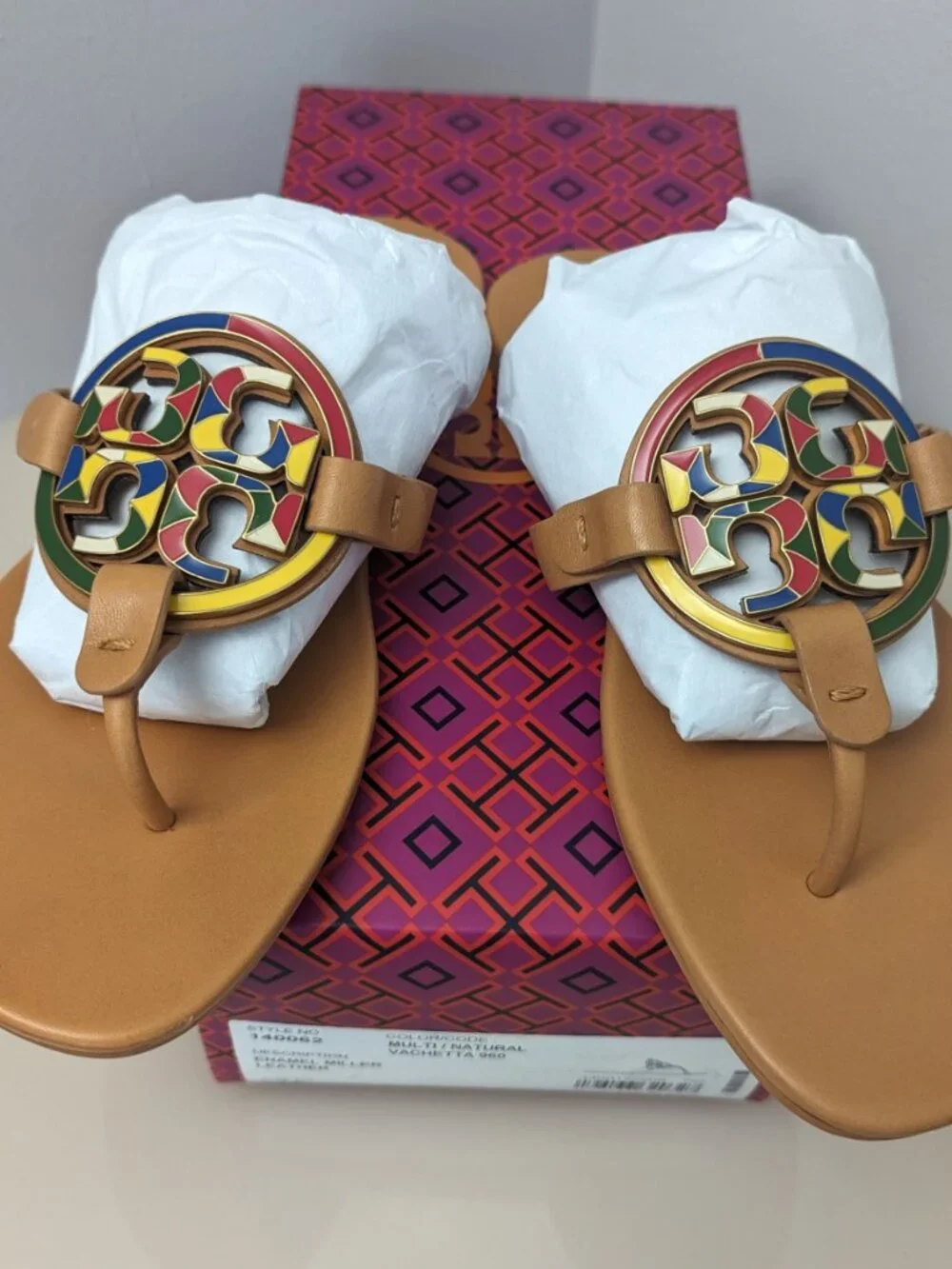 Tory Burch $298 Enamel Miller Soft Sandal Multi Natural Vachetta Tan 7.5 9 Slide